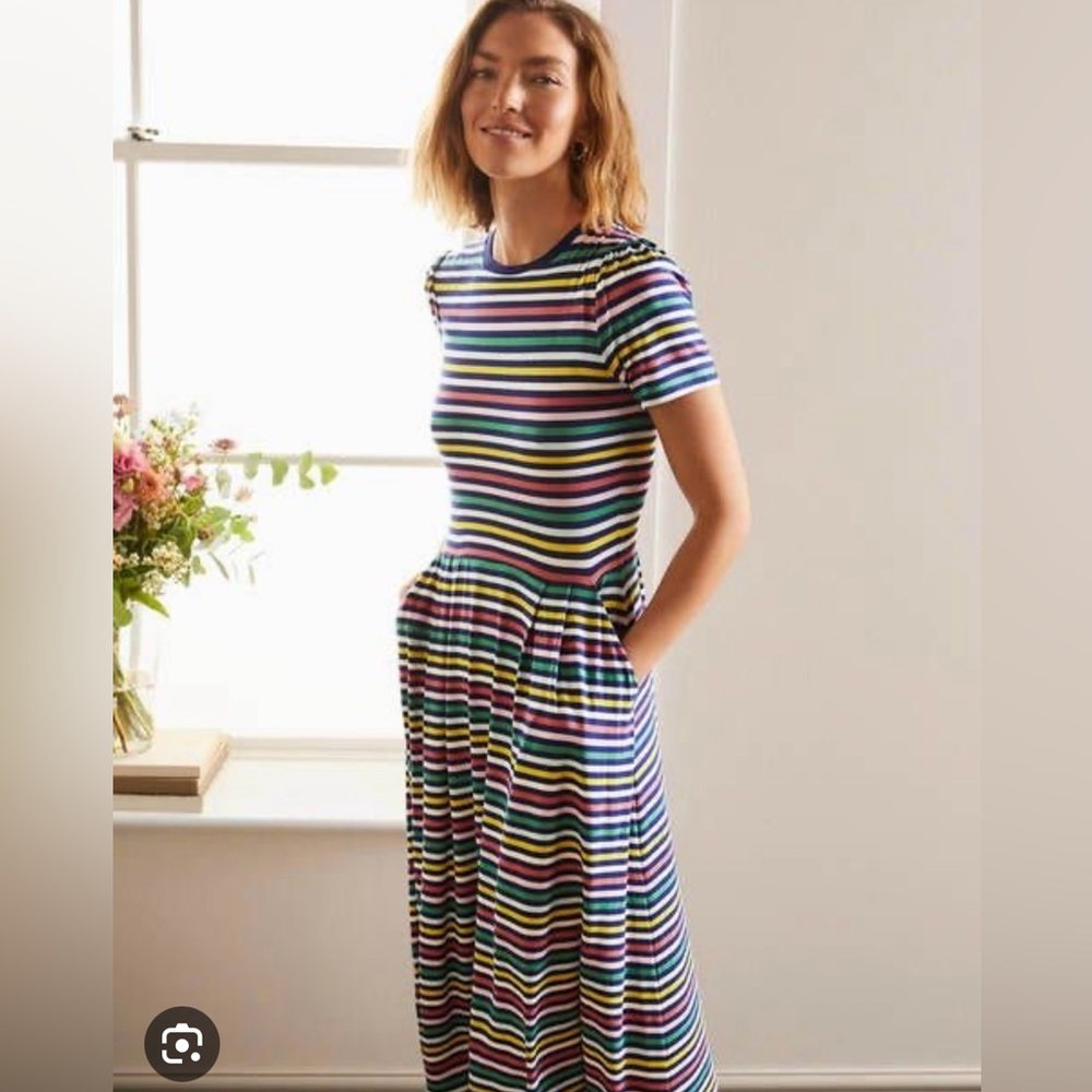 Boden Lucinda Short Sleeve Rainbow Stripe Stretch Jersey Midi Dress 8